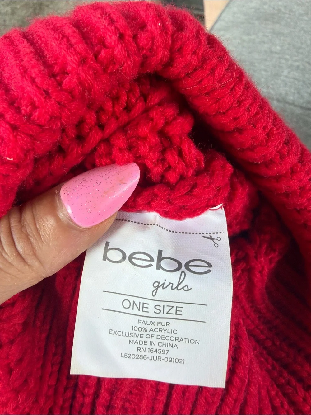 bebe Red Cable-Knit Pom Beanie